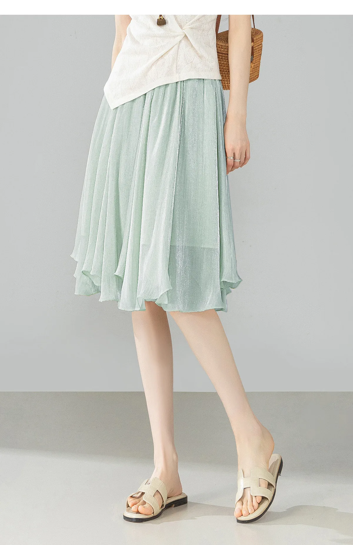 SENTUBILA Weißer Chiffon-Schimmerrock für Damen, Sommer 2026, Eleganter, Elastischer Bund, Unregelmäßiger, Lässiger Schirmrock Q62QG7308 – Detail 32