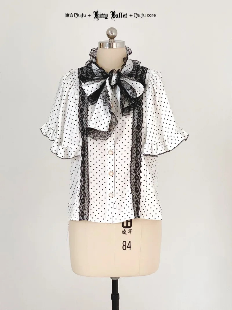 Japanese Sweet Cute Y2k Lolita Single-breasted Blouse Original Butterfly Princess Polka Dot Lace Sleeveless Chiffon Tie Shirt