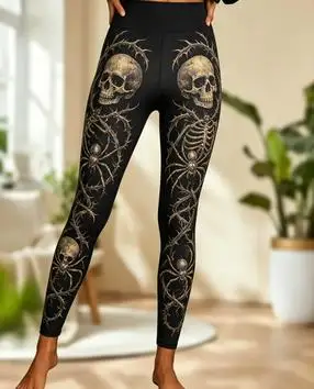 Women Mid‑Rise Fleece Lined Leggings Halloween Skull Red Rose Thorn Print Slim Stretch Thermal Pants