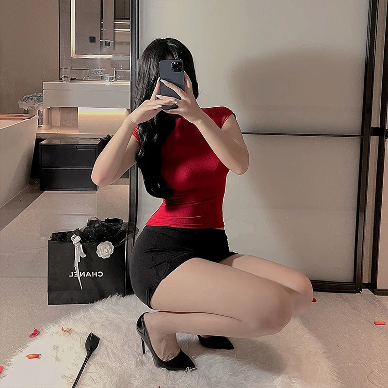 

Night Fun SexyolFemale Secretary Uniform plus Size Black Silk Slim-Fit-Wrapped Short Dress Women's Desire Shirt Su