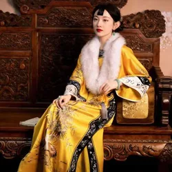 Autumn Vintage Round Neck Gold Satin Long Sleeved Cheongsam Dresses Women Qipao Qing Dynasty Cosplay Princess Costumes Vestidos