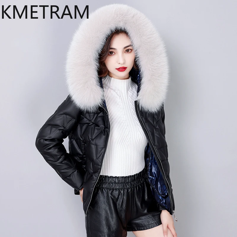 Kmetram Mode Winterkleid ung für Frauen 90% weiße Enten Daunen futter Schaffell Echt leder Mäntel vier Farben veste femme