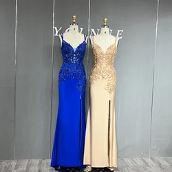 YQLNNE Royal Blue High Slit Beading Prom Dresses Long Spaghetti Sequined Spandex Mermaid Evening Gown Lace-up