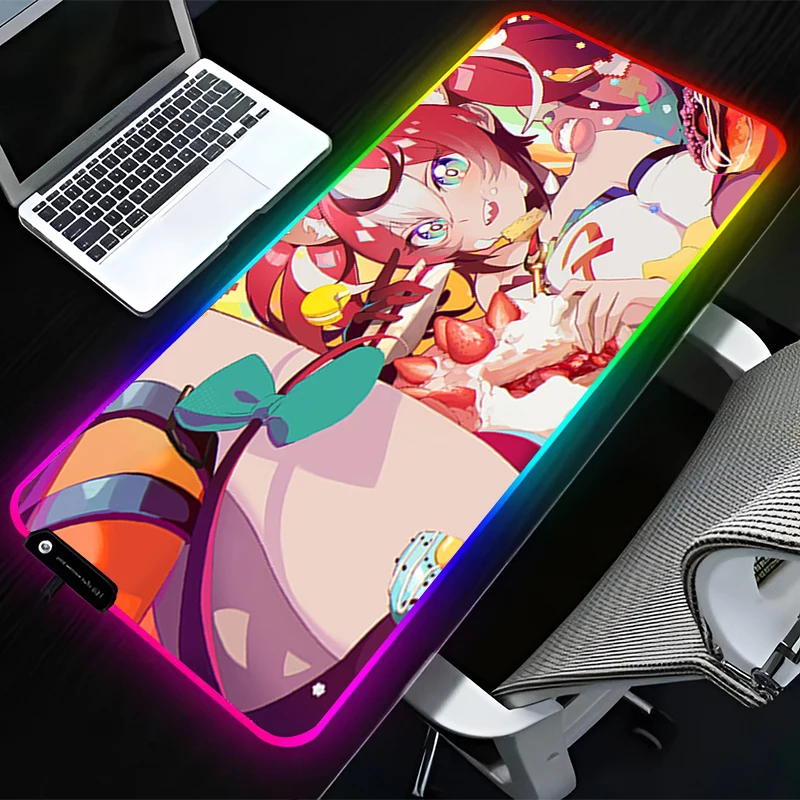 RGB LED Mouse Pad Computer Gamer Accessories Mouse Mat Rubber HD Keyboard Pad Non Slip Mousepad H-hololive Hakos Baelz Desk Mat