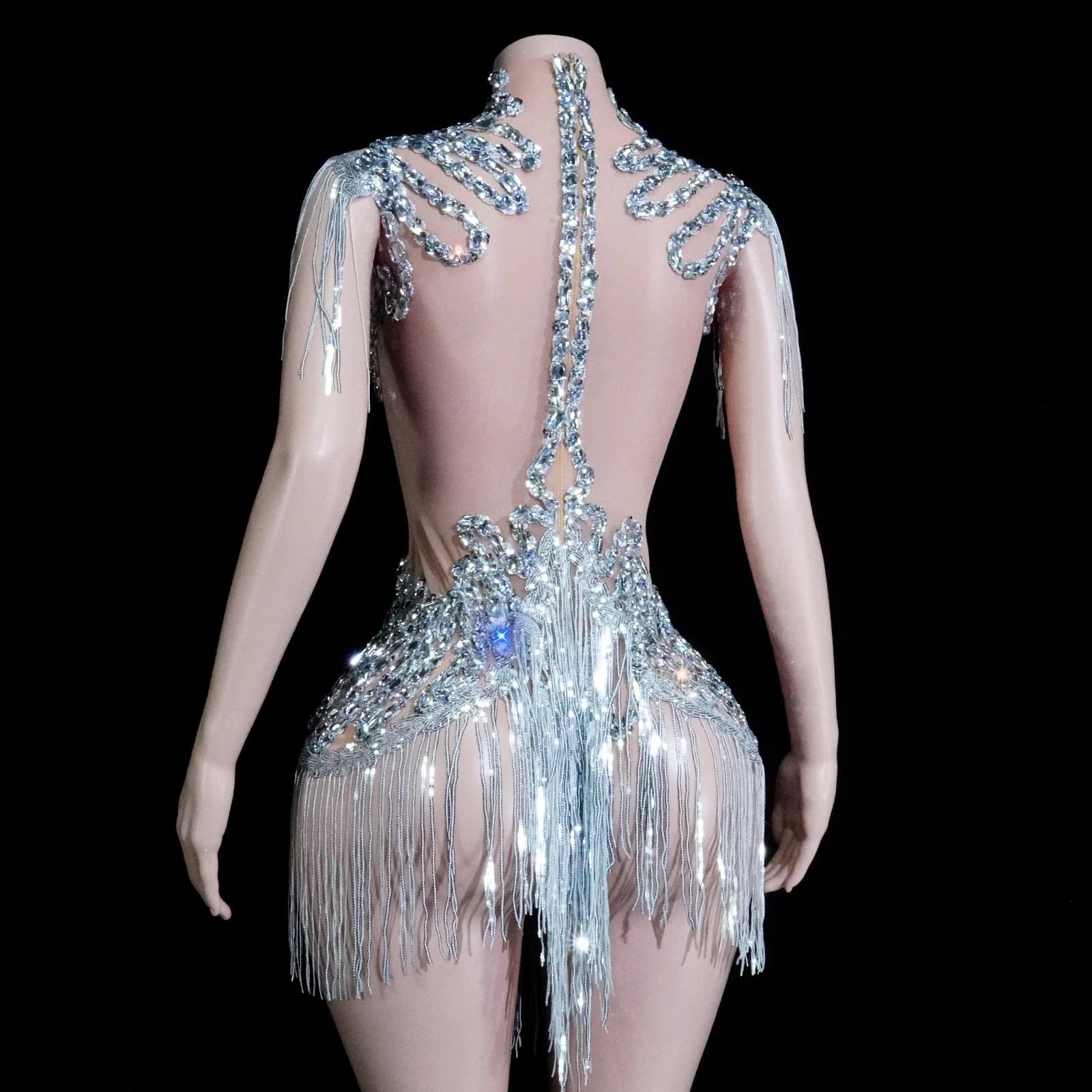 블랙 마담 메쉬 태슬 바디수트 스팽글 디자인 댄서 공연 생일 파티 댄스 의상 무대 의상 나이트클럽 드랙퀸