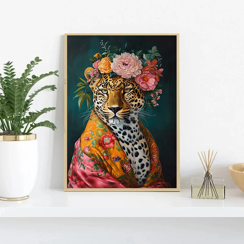 Vintage Floral Animal Head Aristocratic Portrait Leopard Duck Posters Prints Canvas Printing Wall Art Picture Living Room Decor