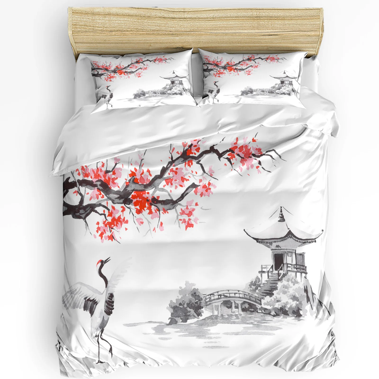 

Crane Plum Tree Pavilion Ink Chinese Style 3pcs Bedding Set For Double Bed Home Textile Duvet Cover Quilt Cover Pillowcase