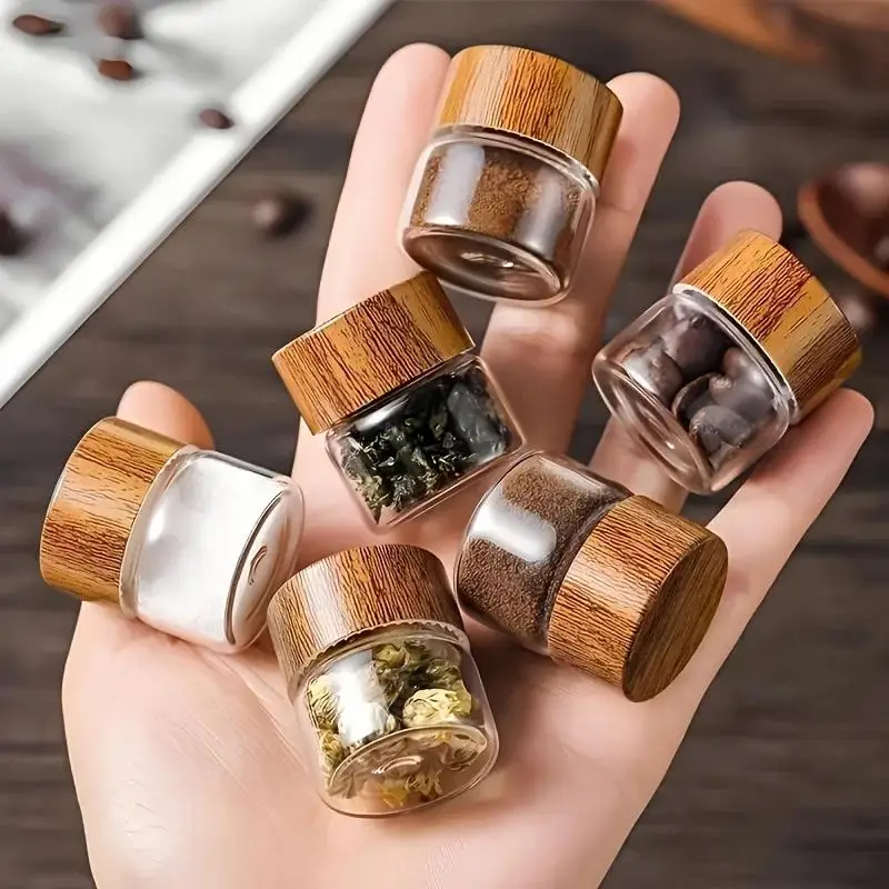 6-Pack Mini Sealing Glass Jars with Wood Grain Lids, Compact for Spices, Nail Art, Jewelry & Craft Storage