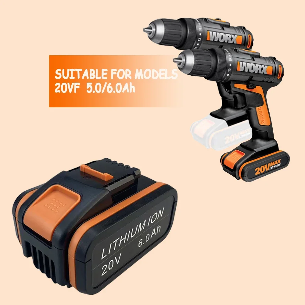 100% Original Worx WA3553 20V 5.0/6.0Ah Battery Cordless Power Tool Spare Batteriies WA3553 WX390 WA3551 WX176 WX178 Battery