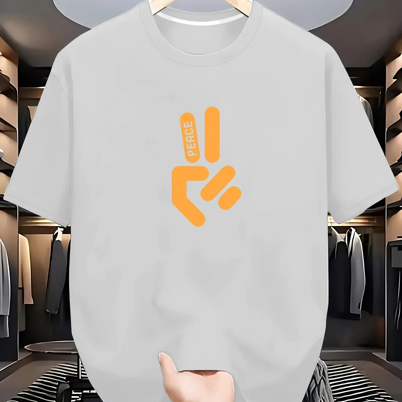 Men Stylish Black Short-Sleeve T-Shirt with Orange Peace Sign Graphic Summer Essential Men Clothing Comfortable