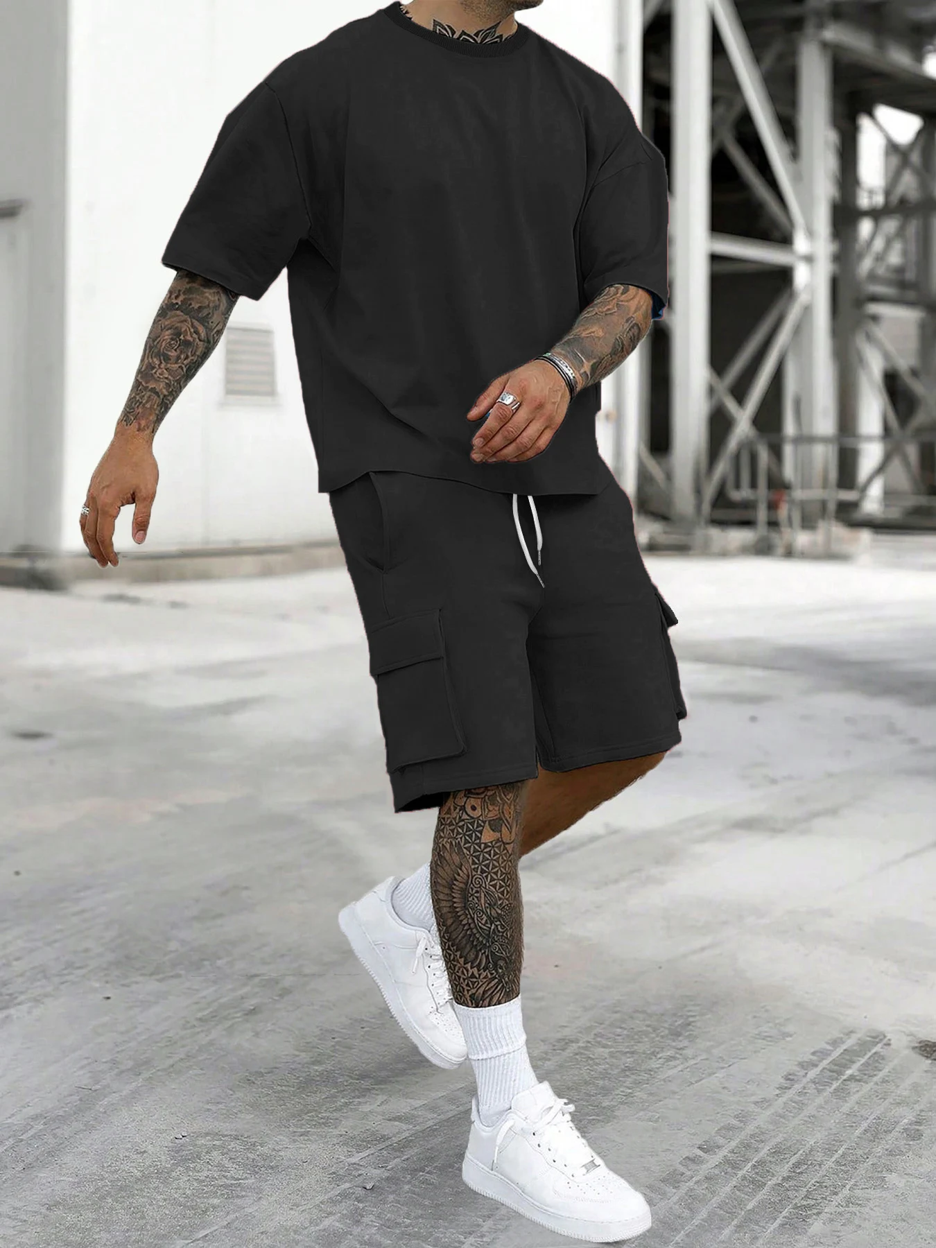 Men's Black Short Sleeve Workwear Shorts Street Style Casual Elements Loose Comfortable Set