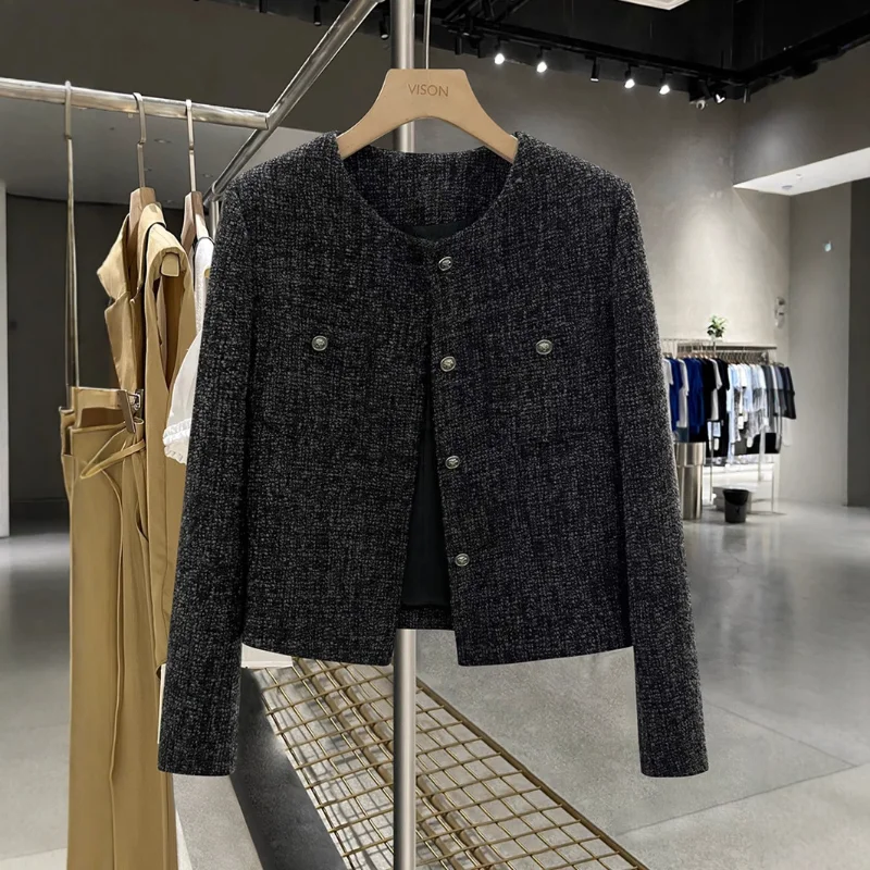 

Dark Gray Short Small Fragrance Jacket for Women Fashionable Simple Long Sleeve Round Neck Versatile French Tweed Lady Jacket