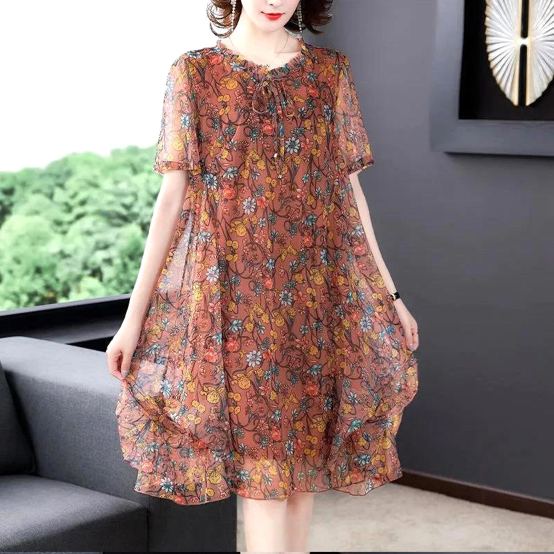 

Short Sleeve Patchwork Dresses Gauze Round Neck Loose Printing Elegant Summer Thin Casual Fashion Graceful Women's Clothing 2023