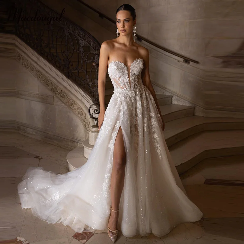 

Charming Slit Wedding Dresses for Women Lace Appliques Sequined Sweetheart A-Line Vestidos De Novia Customized