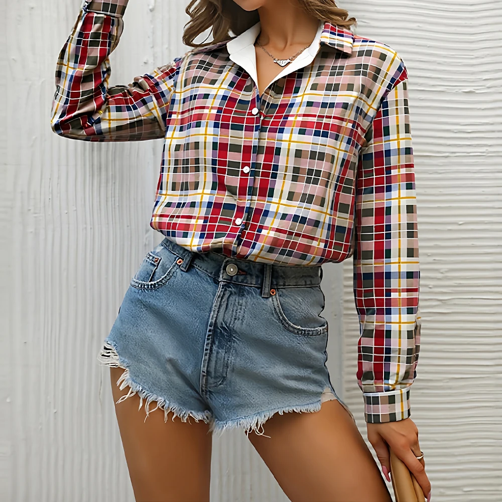 

Mia Muse Autumn Shirts 2025 Women's Elegant Retro Vintage Plaid Long Sleeve Shirt Collar Fitting Slim Daily Shirts