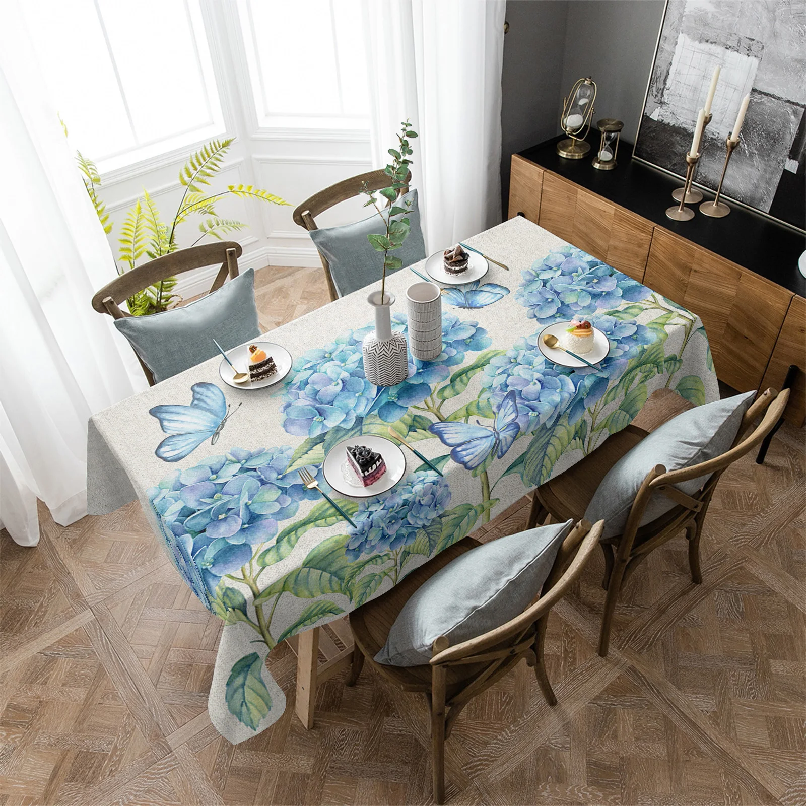 

Summer Flowers Hydrangeas Butterflies Waterproof Rectangular Tablecloth Dining Table Coffee Table Cover Outdoor Picnic Cloth