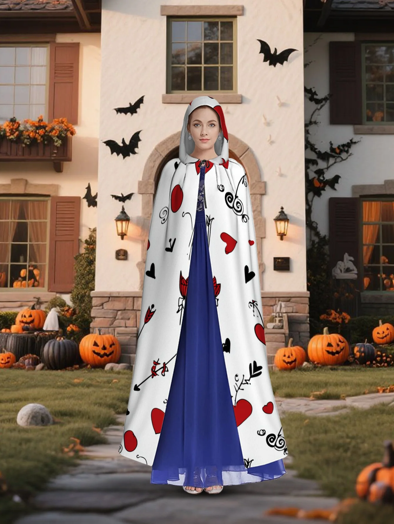Customization [Cupid Hooded Cape] Cupid Outfit - 1pc Full-Body Print Cupid Bow & Heart Arrow Hooded Cape - 100% Polyester