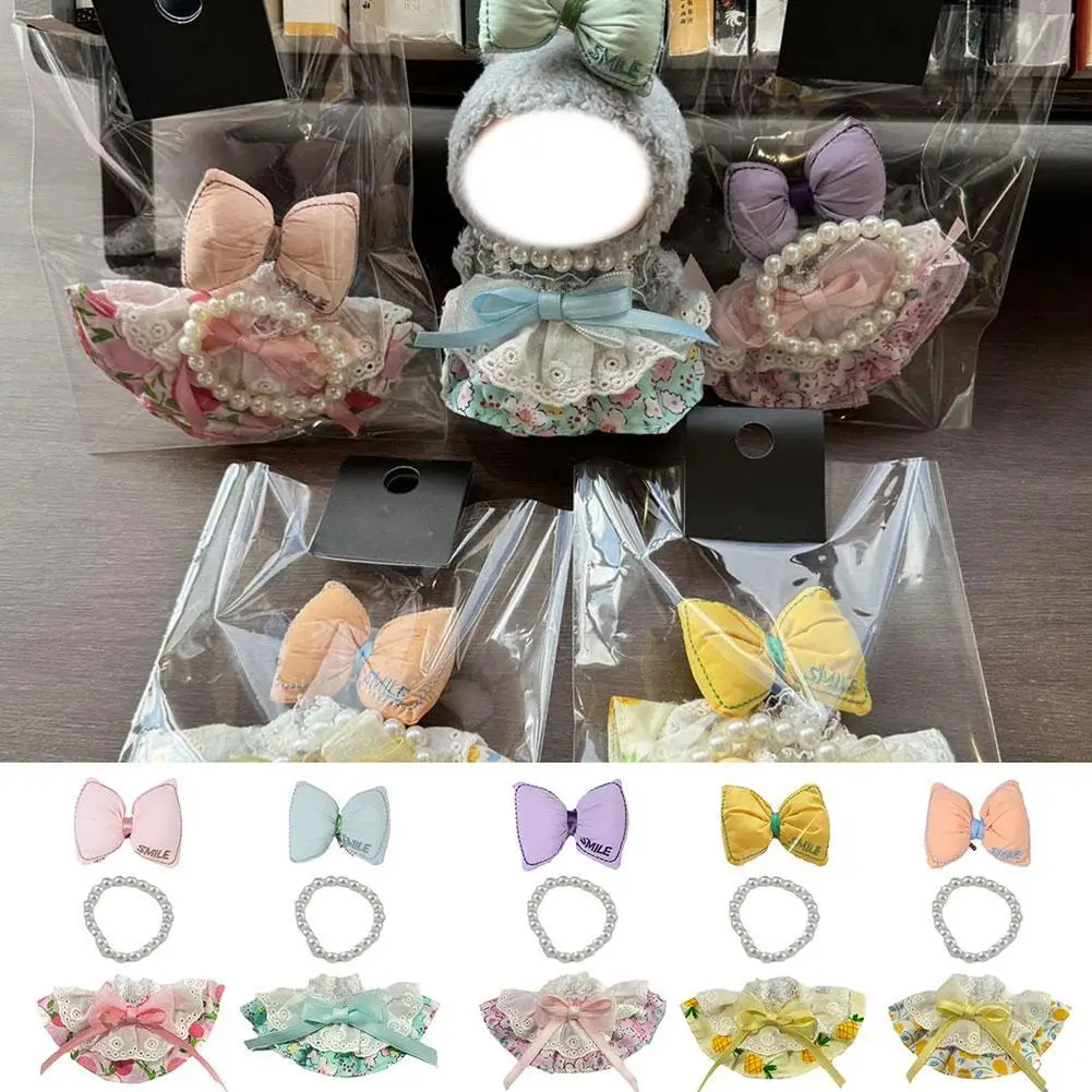 

17cm Dolls Clothes For Labubu Pearl Necklace Bow Headwear White Lace Dress Suit Multicolored Clothing Accessories For Plush Toy