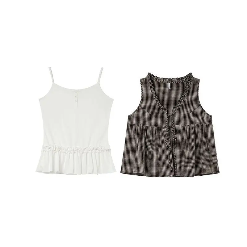 Conjunto de colete xadrez pequeno de duas peças estilo coreano para mulheres, top cardigã fino de verão de alta qualidade