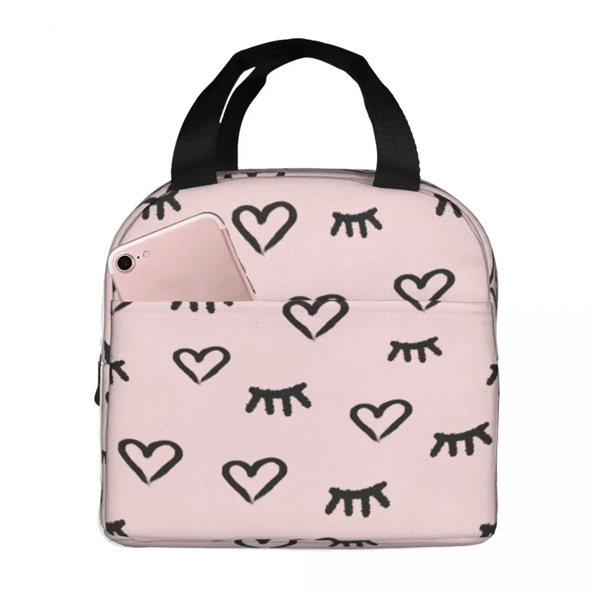 Lunch Bags for Women Kids Heart Eyelash Pink Insulated Cooler Portable Picnic Work Canvas Lunch Box Bento Pouch