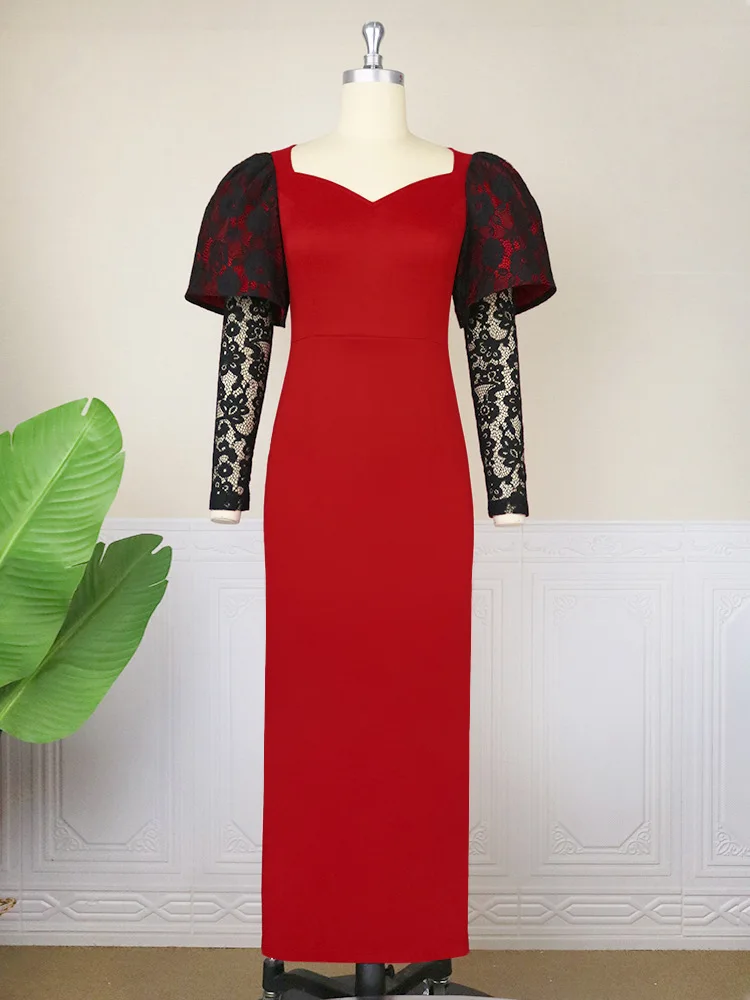 

2023 Spring Elegant Africa Women Long Sleeve Polyester Red Long Dress Maxi Dress S-4XL African Dresses for Women