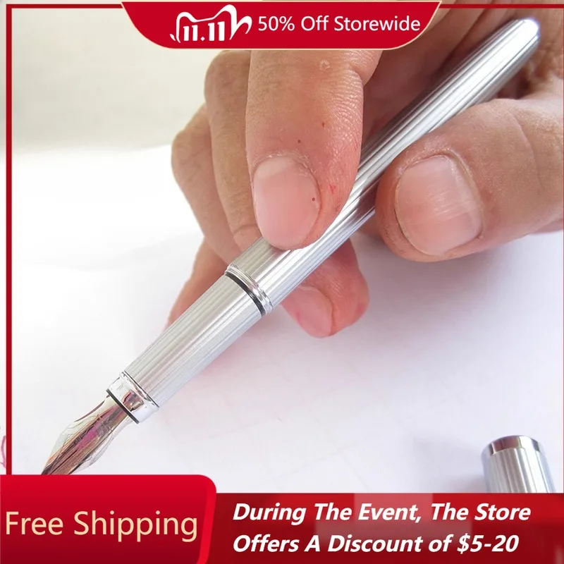 

Wingsung 825A Silver Founntain Pen Student Calligraphy Writing Stationery Iridium Gold Pen F 0.5MM Nib Office Business Supplies