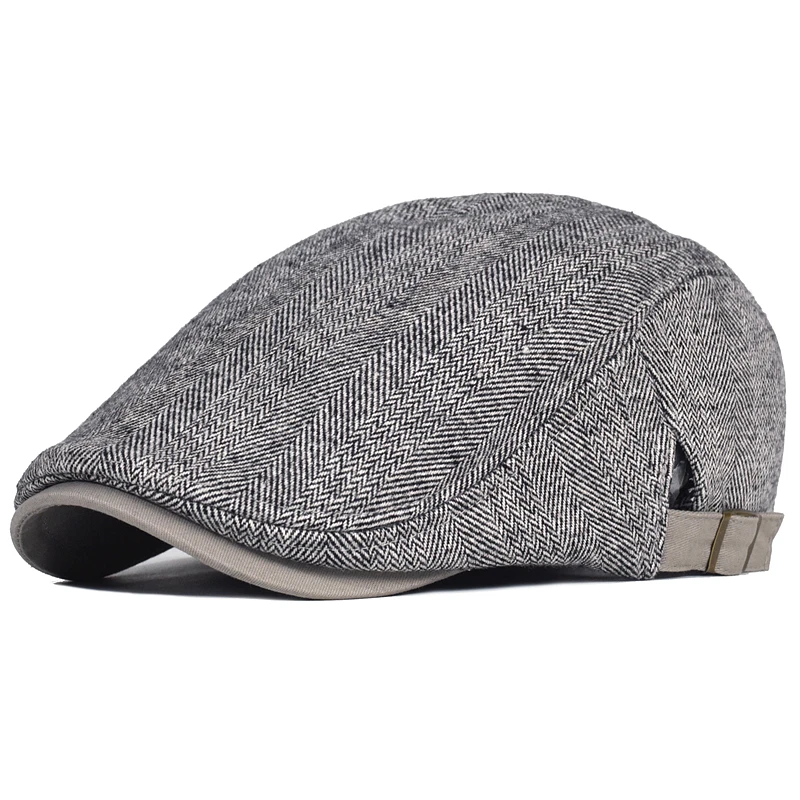 Big Size Winter Newsboy Cap Men Wool Thick Warm Vintage Herringbone Casual Stripe Berets Gatsby Flat Hat Peaked Cap Adjustable