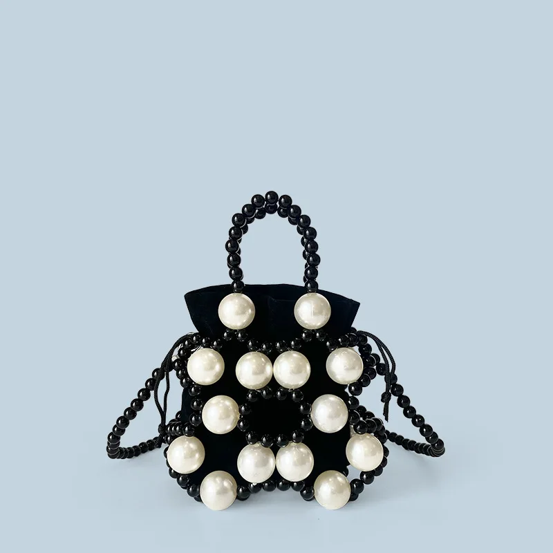 Women Mini Bag Trend Design Hollow Out Pearl Handbag Fashion Handmade Acrylic Beads Black Chain Crossbody Bag Wedding Clutch