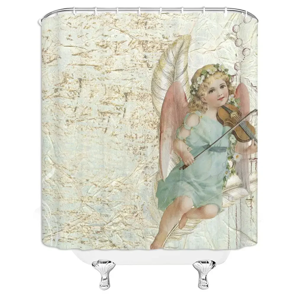 Kid Music Shower Curtain Inspired Design Decor Angel Cute Little Girl Playing Violin