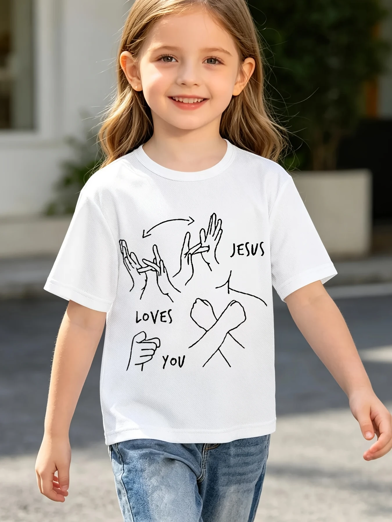 Jesus Loves You Sign Language Hand Print T Shirt Boys Girls Faith Short Sleeve Tee Family Matching Kids Casual Cotton Tops