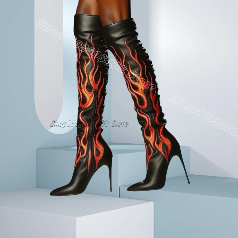

Black Splicing Flame Stiletto Boots Pointed Toe Spring Design for Women Party Dress Over Knee Boots 2025 Zapatos Para Mujere