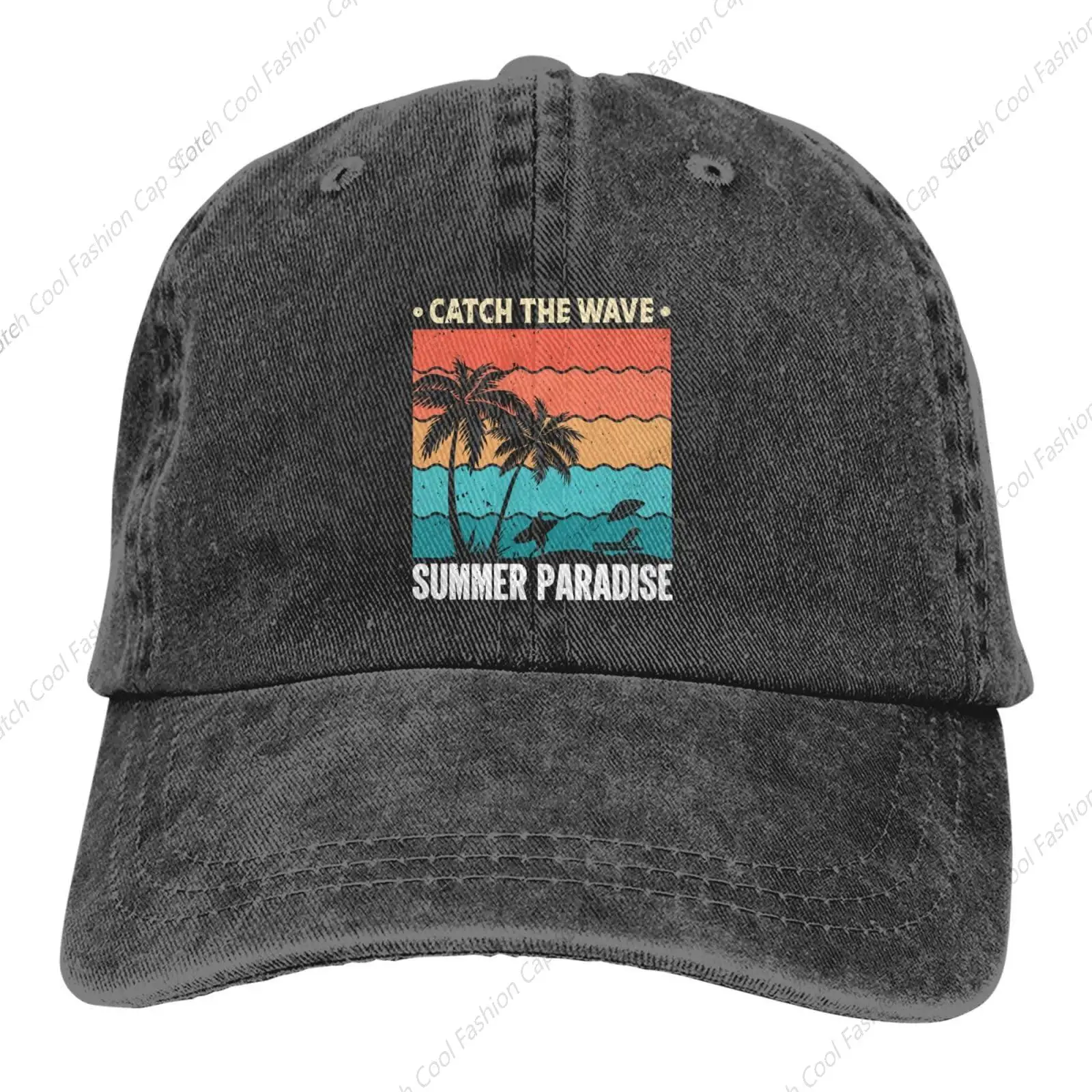 Catch The Wave Summer Beach Vacation Baseball Cap for Men Women Vintage Trucker Denim Hat Washed Cotton Fashion Unisex