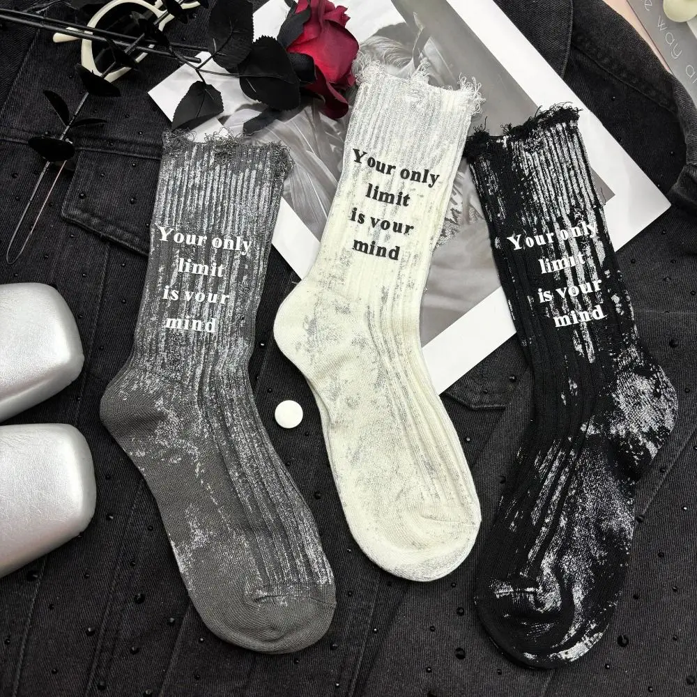 Korean Ripped Hollow Socks Womne Stripe Personality Painted Cotton Socks Hosiery Letter Mid-Calf Socks Autumn