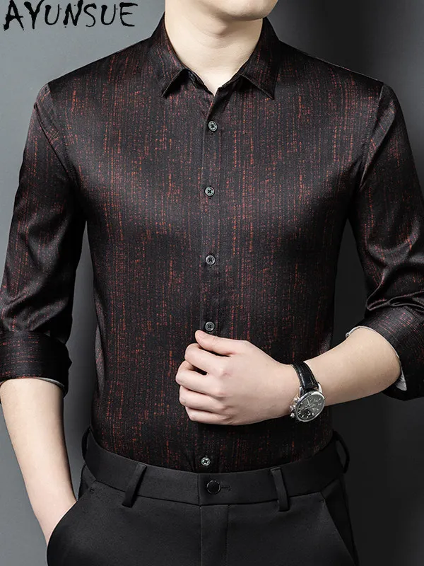 AYUNSUE High-end 90.8% Natural Mulberry Silk Shirts Man 20026 Spring Fashion Long Sleeve Shirt New Style Casual Shirt Mens Tops