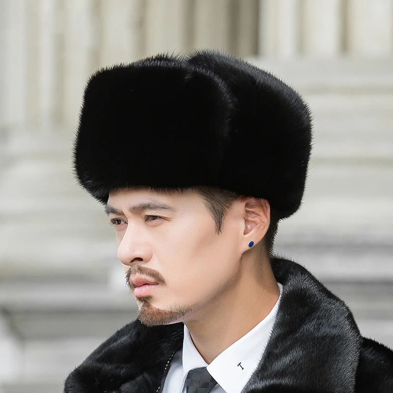 2024 New Man Russia Winter Real Fur Hat Men Outdoor Windproof Super Warm Fur Bomber Hats Natural Soft Natural Mink Fur Caps