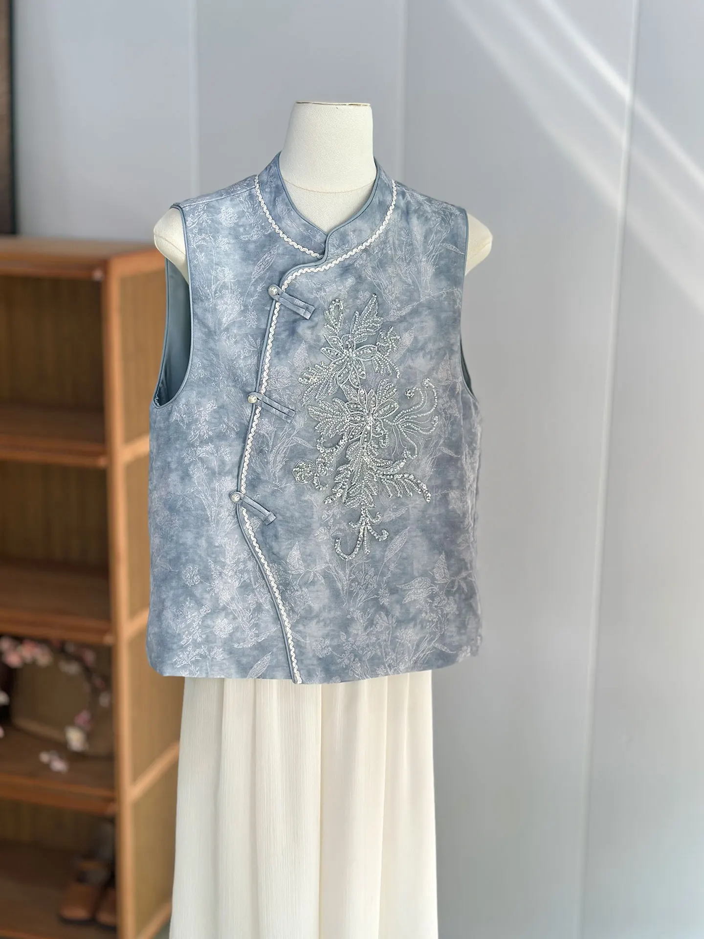 Niebieska Młoda Wyszczuplająca Kamizelka Odzież Wierzchnia Warstwowa Wiosna Jesień Chiński Retro Narodowy Styl Damska Bluzka Do Pracy Elegancka...