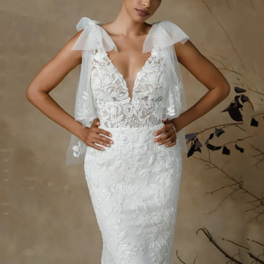 

Customized Lace Mermaid Wedding Dresses V Neck Tank Bridal Gowns Luxury Backless Bow Bride Robes Modern vestido de novia