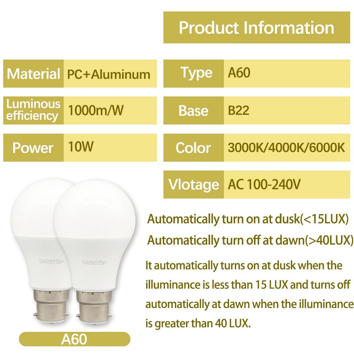 1-10pcs A60 Led Bulb Light Sensor Control Bulb AC220V 110V 10W B22 Suitable for The Entrance of Underground Garage Corridor