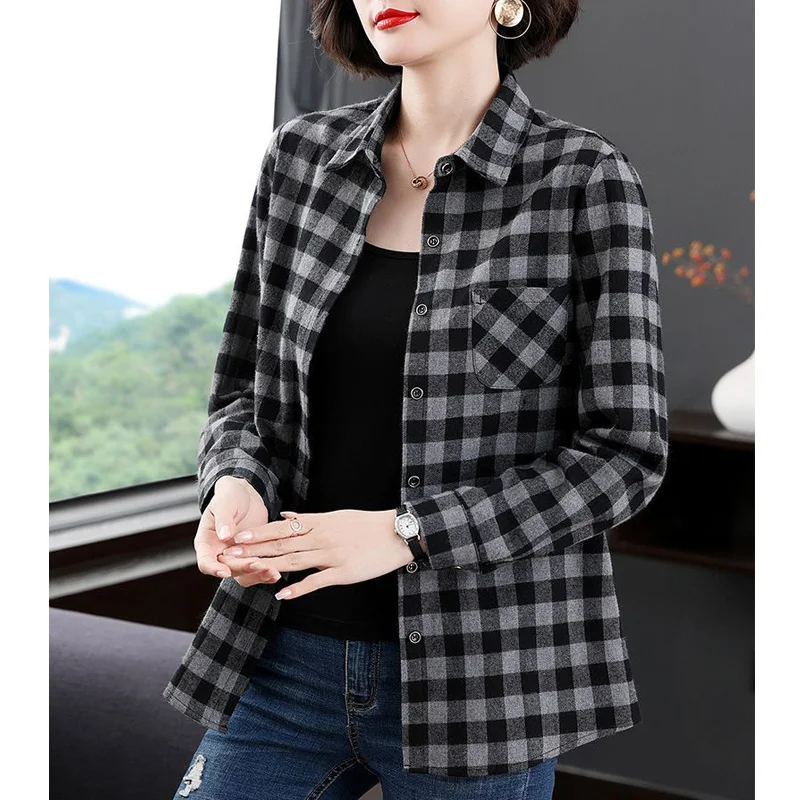 Plaid Print Casual Long Sleeve Button Up Shirts Spring Autumn Fashion Cotton Loose Top Blouse Women Blusas Mujer Clothing 2023