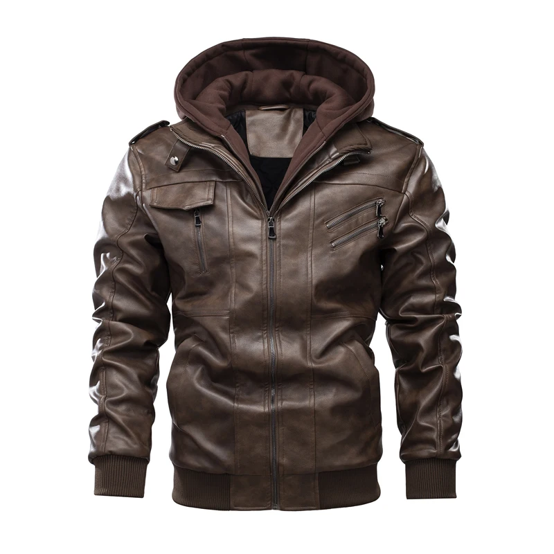 

Retro leather jacket men's autumn and winter new leather jacket men's windproof and warm motorcycle hood Pu jacket K483