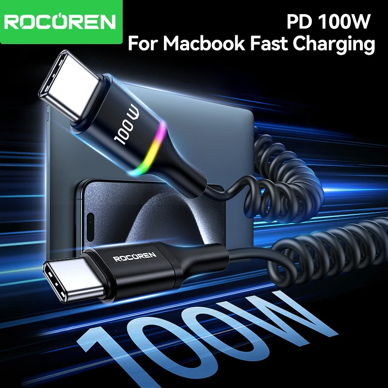 Rocoren PD 100W USB C to Type C Spring Cable Flexible Fast Charging Data Wire With LED For iPhone 16 15 pro Max MacBook  Xiaomi