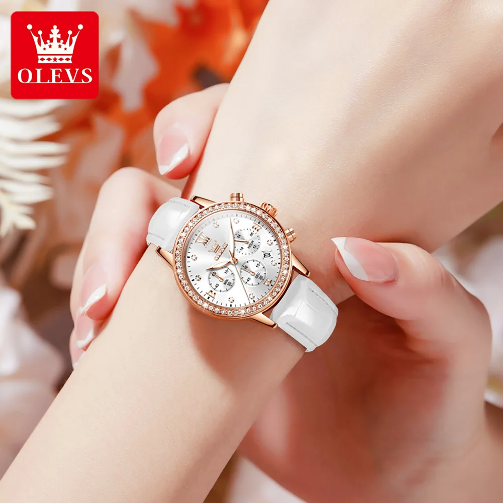 OLEVS 9933 Original Women Watch Leather Strap Waterproof Luminous Multi Functional Chronograph Luxury Brand Diamond Quartz Watch