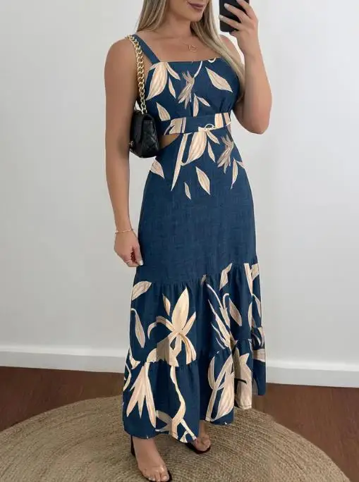 Mode féminine plantes Placement impression découpe taille froncé dos Maxi robe femmes décontracté taille cintrée à volants robes de vacances