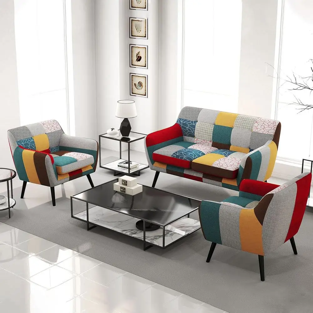 

Комплект из 4 предметов: льняной диван, 2 акцентных кресла и двухместный диван в стиле бохо, ножки из каучукового дерева, съемные чехлы, для гостиной