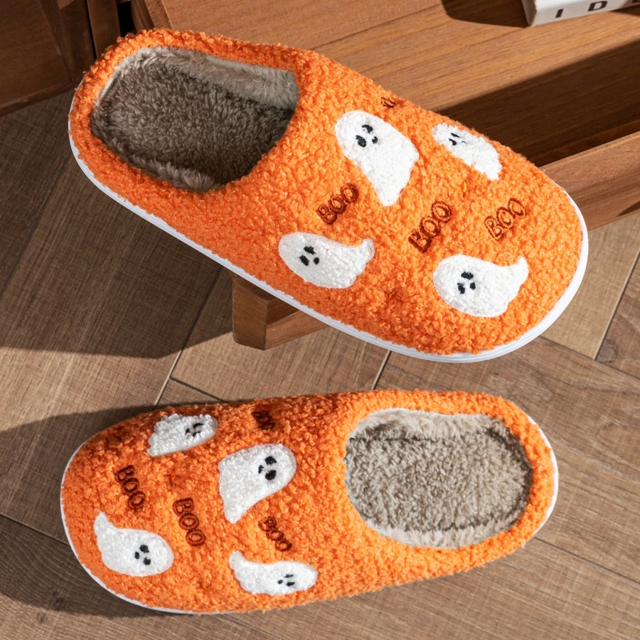Halloween Kleiner Geist Flauschige Damen-Hausschuhe Winter Warm Weich Gemütlich Schlafzimmer Rutschfest Paar Mode Hausschuhe – Detail 3
