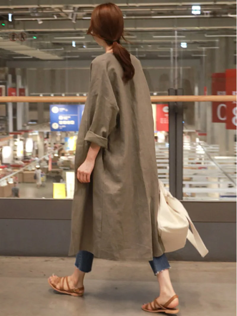 Medium length cotton linen sunscreen jacket female spring and summer Korean version large loose linen thin knee cardigan RLW2