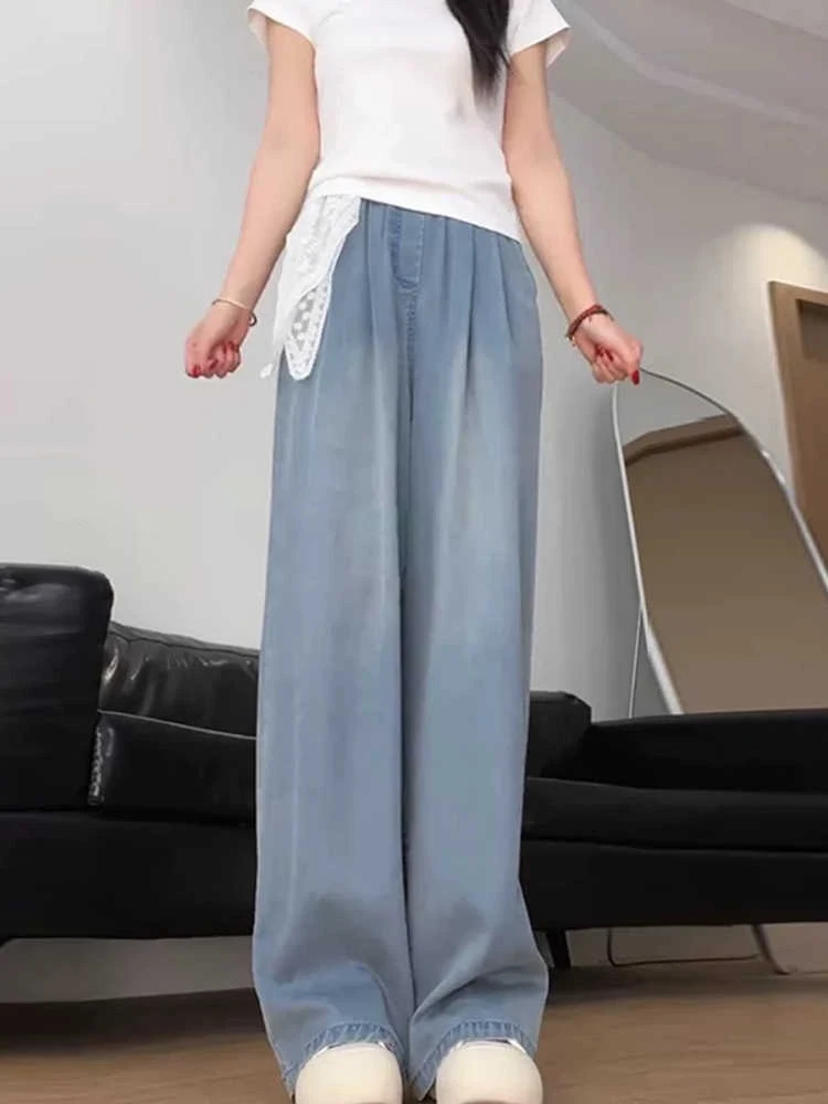 Summer Thin Ice Silk Jeans Women Elastic High Waist Loose Wide Leg Denim Trousers Oversized Light Blue Slim Jean Pants