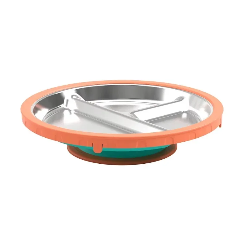 3 rotatable stainless steel plates with suction base, non-slip dishwasher for children and adults, safe for baby travel
