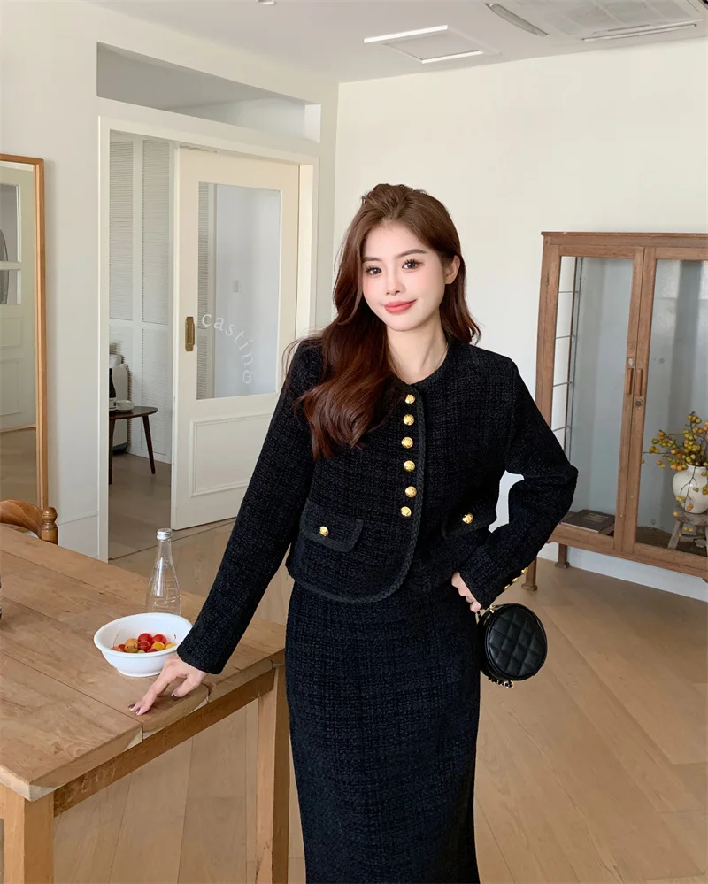 Plus Size French Style Women's Tweed Suit Jacket Skirt Autumn and Winter Slimming Short Suit Coat Top Long Skirt Two-Piece Set