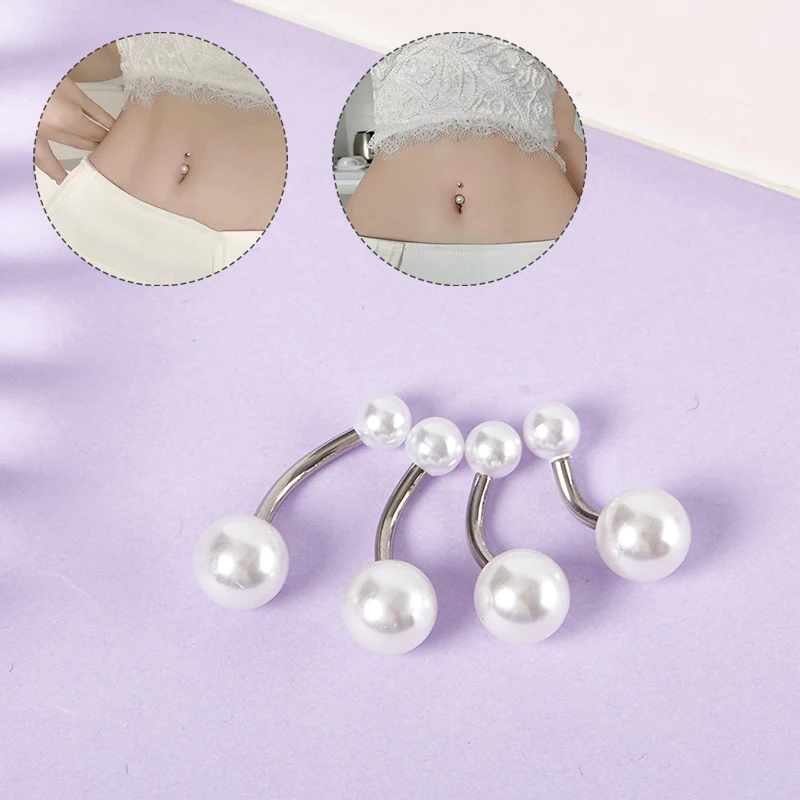 Belly Button Rings Surgical Stainless Steel Double Head Imitation Pearl Navel Ring Simple Navel Nail Piercing Jewelry For Women